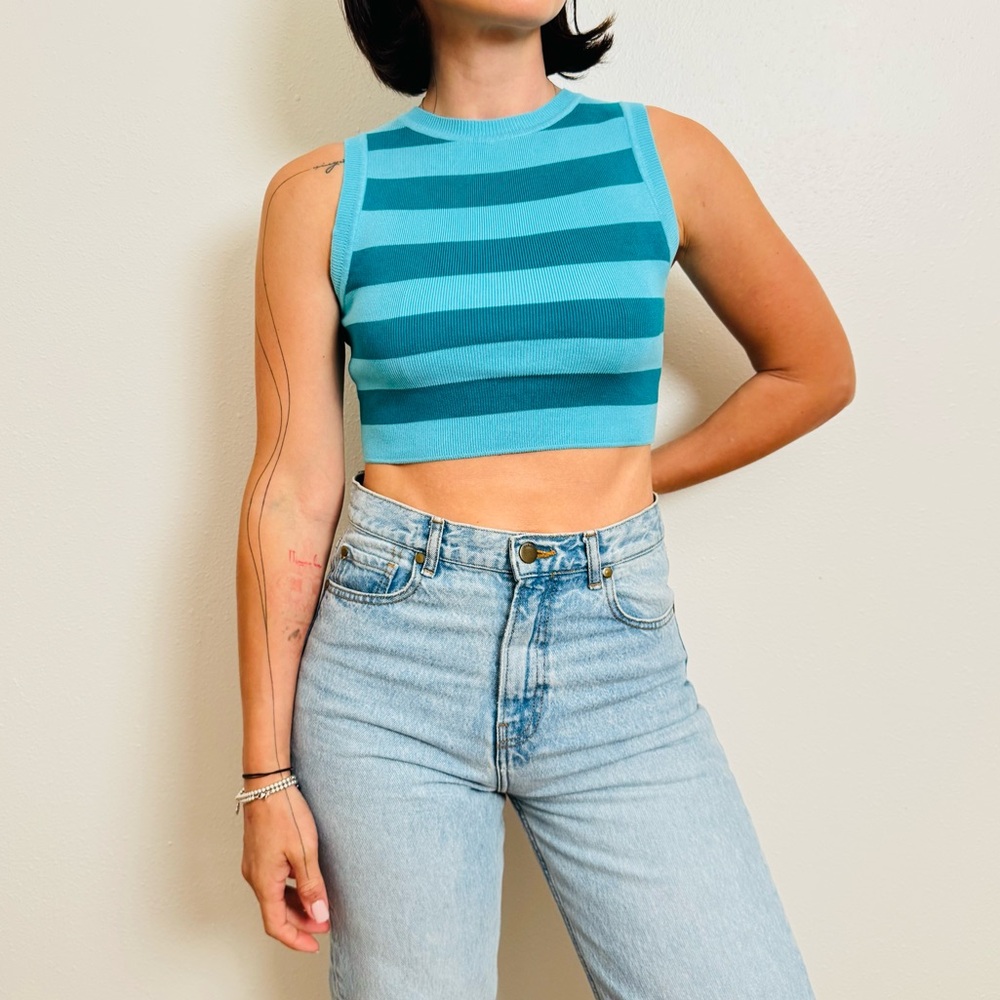 ZARA Striped Sleeveless Knit Crop Top – Turquoise/Teal – Size S